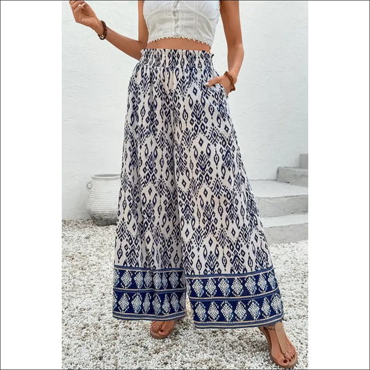 Blue Ethnic Print High Waist Wide Leg Pants - s - on Sale Worldwide Shipping