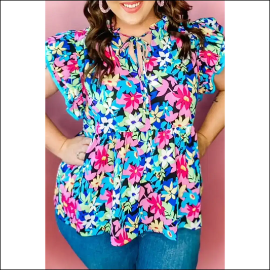 Blue Floral Flutter Sleeve Plus Size Blouse: Bloom Boom! 🌸 - 1x - Tops on Sale Worldwide Shipping