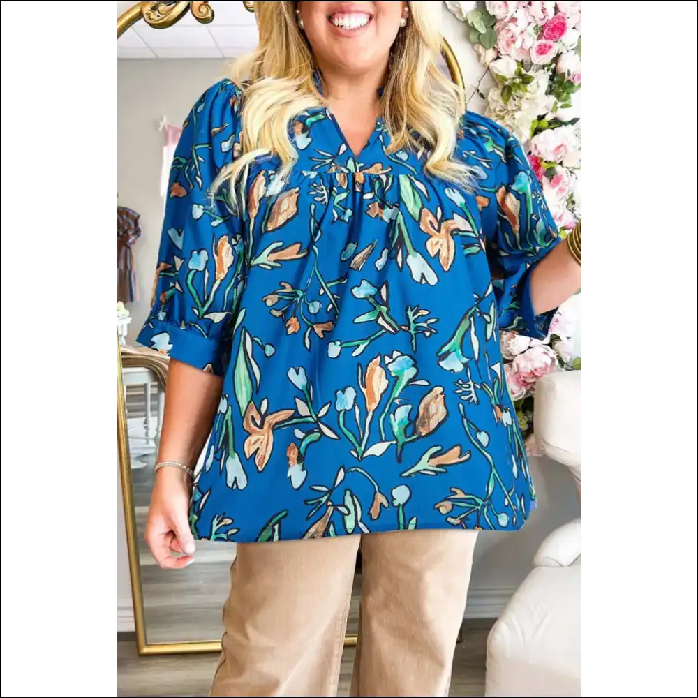 Blue Floral Notched v Neck: your Secret Weapon 😈 - Needful Things - 1x - Plus Size Tops on Sale Worldwide Shipping