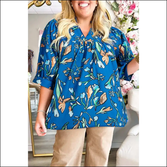 Blue Floral Notched v Neck: your Secret Weapon 😈 - Needful Things - 1x - Plus Size Tops on Sale Worldwide Shipping