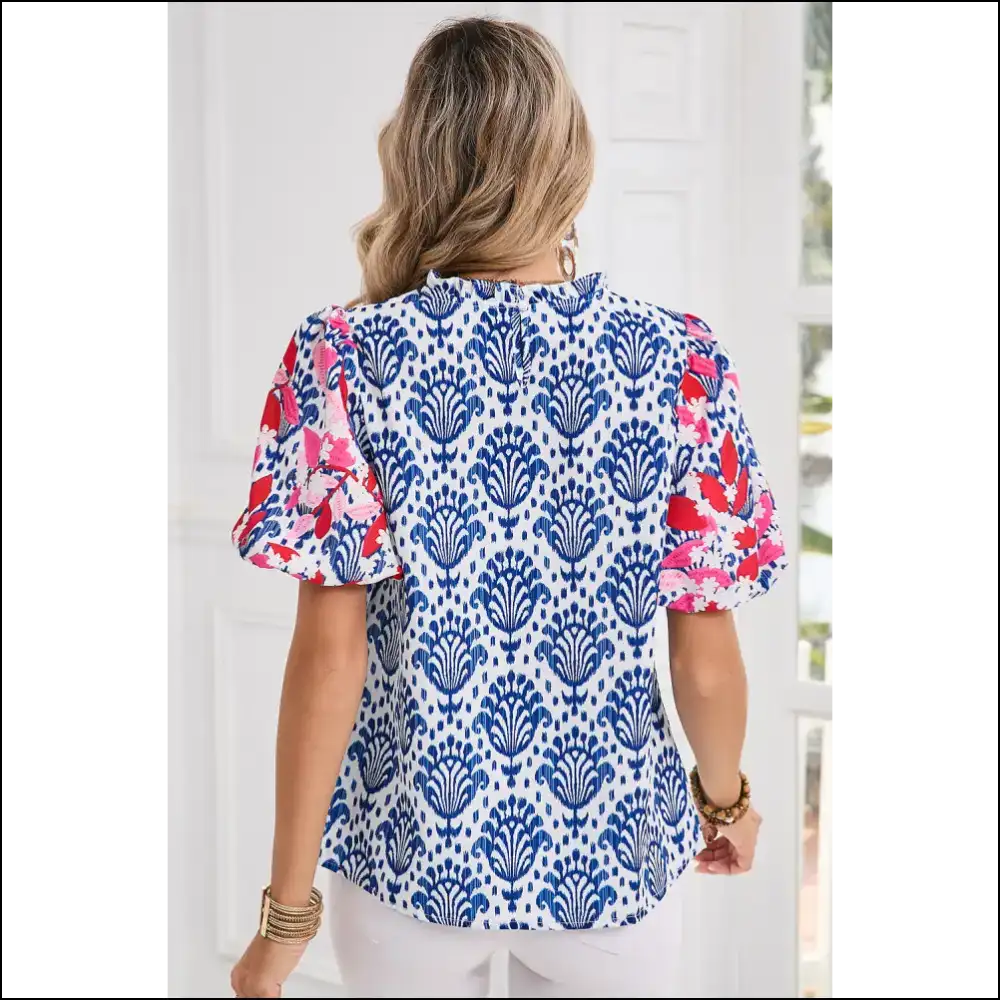 Blue Floral Print Puff Sleeve Blouse Instant Boho Queen - Blouses on Sale Worldwide Shipping