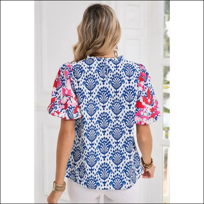 Blue Floral Print Puff Sleeve Blouse Instant Boho Queen - Blouses on Sale Worldwide Shipping
