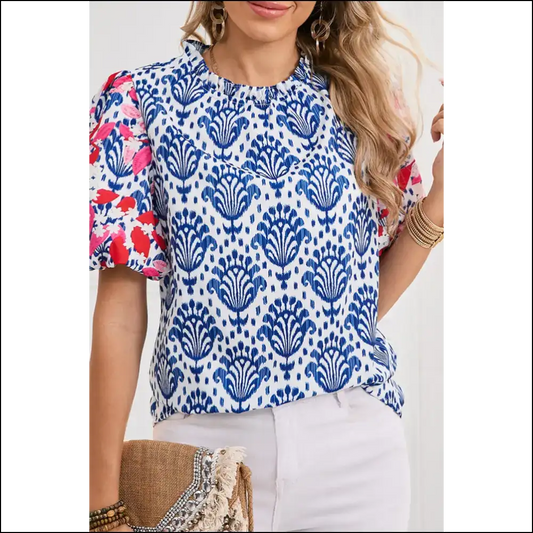 Blue Floral Print Puff Sleeve Blouse Instant Boho Queen - s - Blouses on Sale Worldwide Shipping