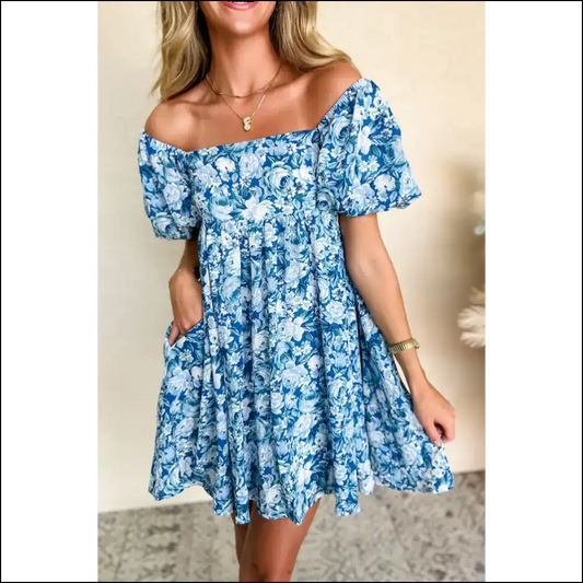 Blue Floral Puff Dress: Less Sad More Rad 💙🌼 Needful Things - s - Short Dresses on Sale Worldwide Shipping