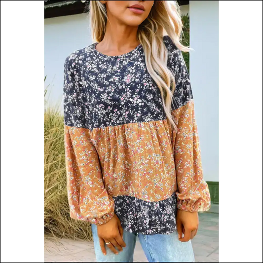 Blue Floral Ruffle Hem Long Sleeve: Because Adulting is Hard 💀 Needful Things - s - Blouses on Sale Worldwide Shipping