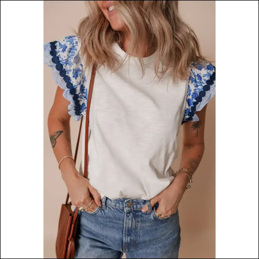 Blue Floral Striped Flutter Sleeve Blouse: Sexy and Comfy! 🌼 Needful Things - s - Blouses on Sale Worldwide Shipping