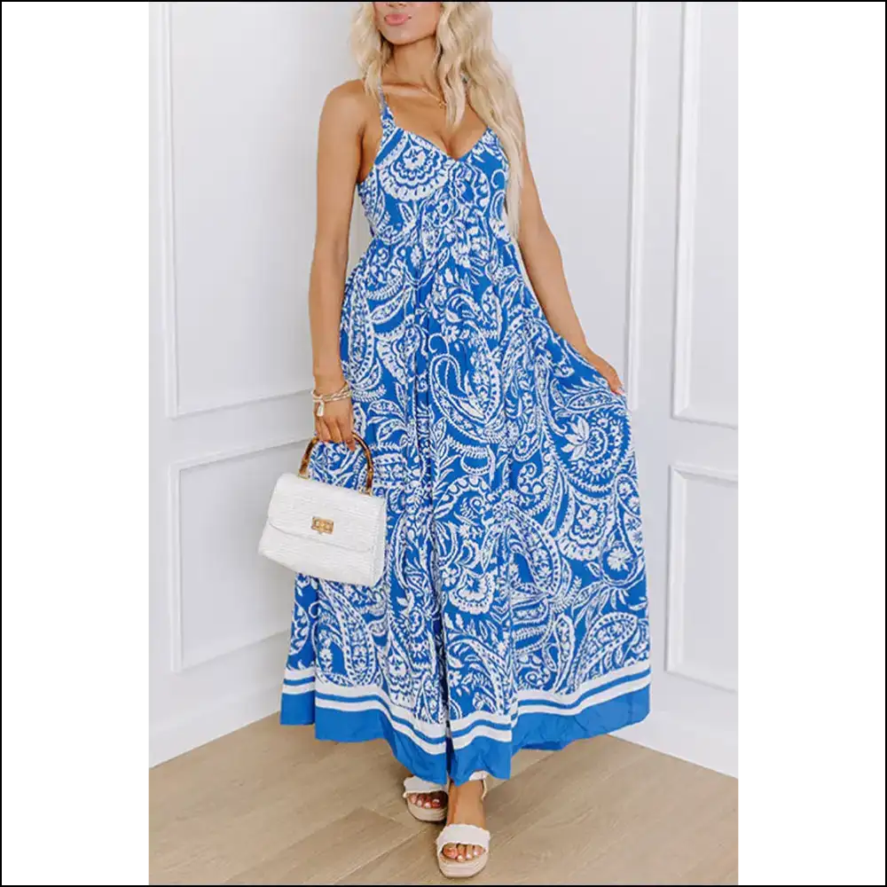 Blue Floral v Neck Maxi Dress: from Zero to Goddess 💙 Needful Things - s - Dresses on Sale Worldwide Shipping
