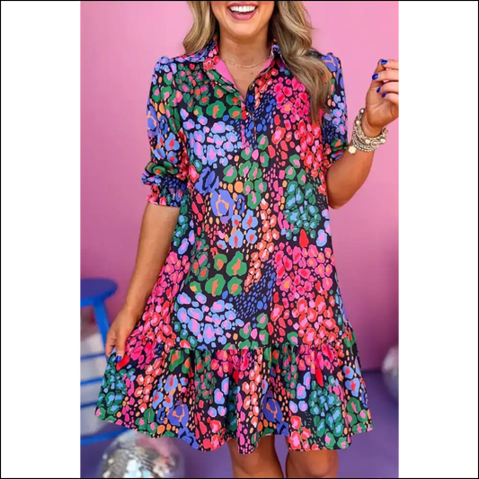 Blue Leopard Print Puff Sleeve Dress: Roar! 🐆 Needful Things - s - Short Dresses on Sale Worldwide Shipping