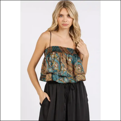 Bohemian Paisley Patchwork Satin Ruffle Crop Cami - Tank Tops on Sale Worldwide Shipping