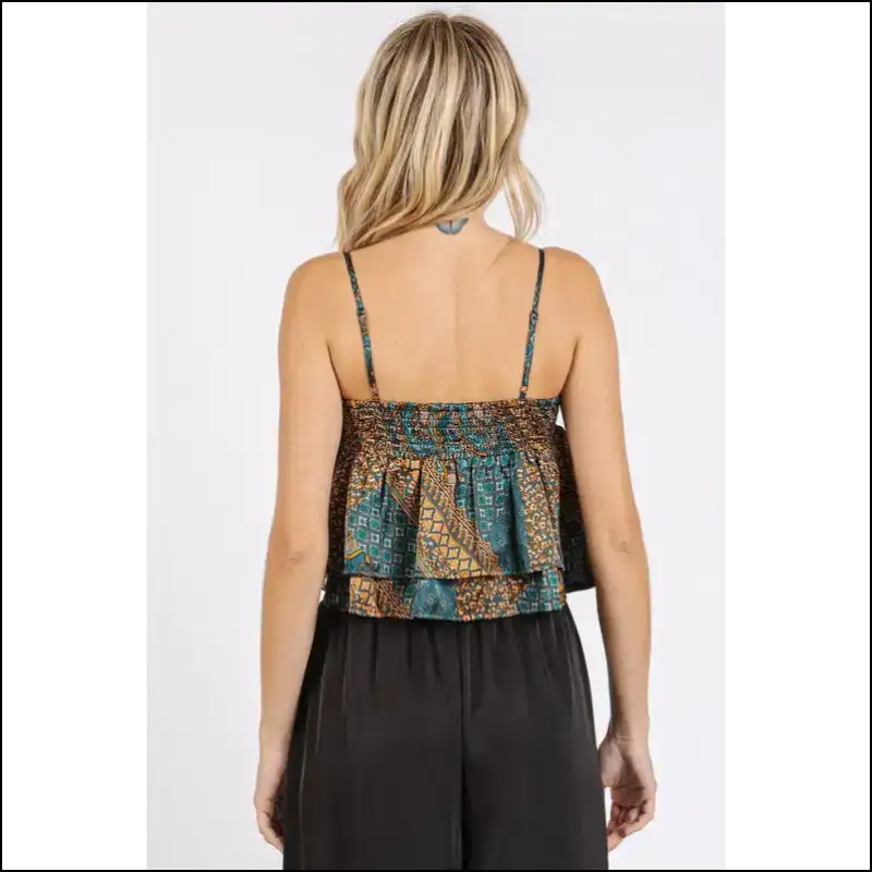 Bohemian Paisley Patchwork Satin Ruffle Crop Cami - Tank Tops on Sale Worldwide Shipping