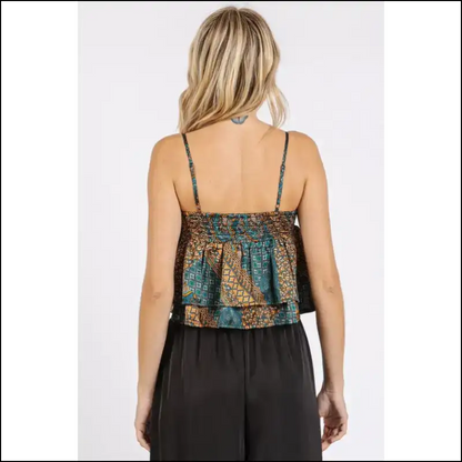 Bohemian Paisley Patchwork Satin Ruffle Crop Cami - Tank Tops on Sale Worldwide Shipping