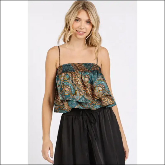 Bohemian Paisley Patchwork Satin Ruffle Crop Cami - Teal / s - Tank Tops on Sale Worldwide Shipping
