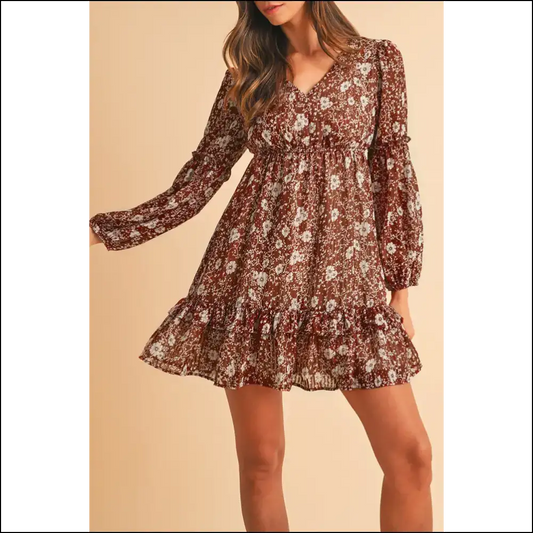 Boho Brown Floral Mini Dress: Head-turning! 🌻 - s - Short Dresses on Sale Worldwide Shipping