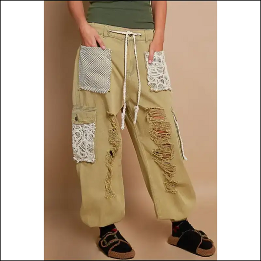 Boho Chic Crochet Patch Distressed Jeans: Unravel your Inner Fashionista! - Sand / m - Jeans on Sale Worldwide Shipping