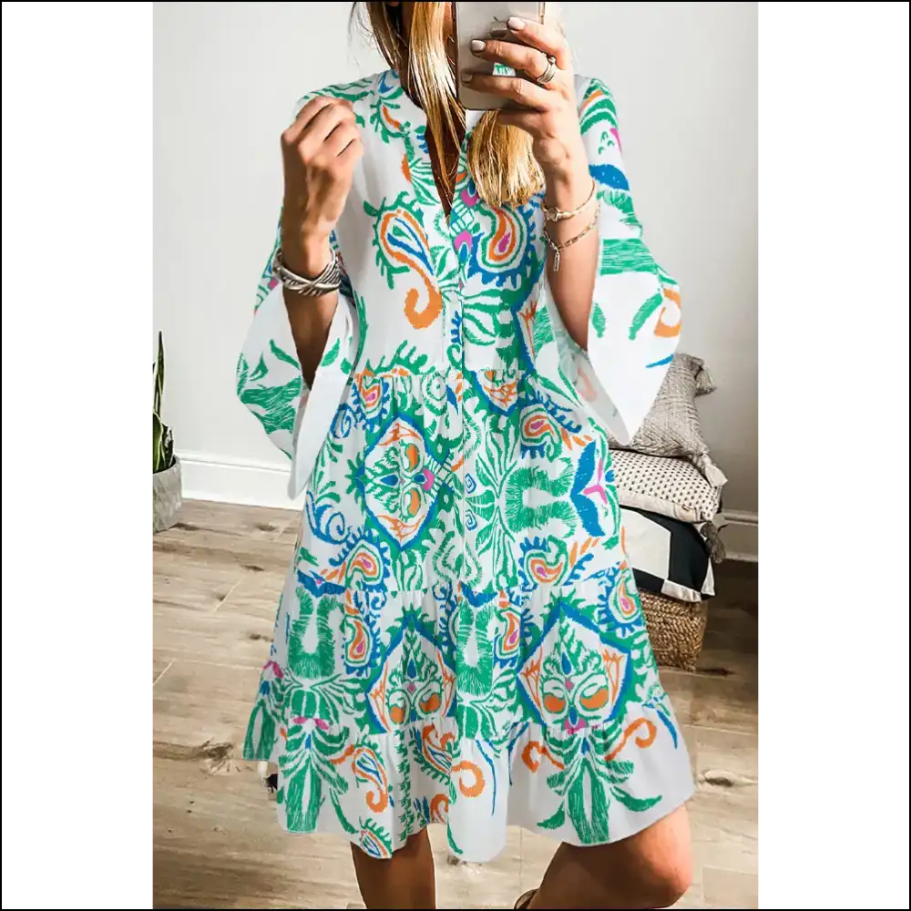 Boho Chic Green Ethnic Print Mini Dress: Dress Like you Own the Joint 👗 Needful Things - s - Short Dresses on Sale Worldwide Shipping