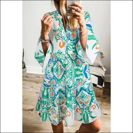 Boho Chic Green Ethnic Print Mini Dress: Dress Like you Own the Joint 👗 Needful Things - s - Short Dresses on Sale Worldwide Shipping