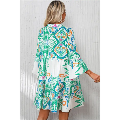 Boho Chic Green Ethnic Print Mini Dress: Dress Like you Own the Joint 👗 Needful Things - Short Dresses on Sale Worldwide Shipping