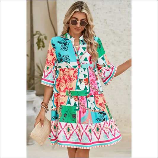 Boho Dress: Turning Heads Since Tuesday 😜 Vibrant Abstract Print - Multicolour / s - Short Dresses on Sale Worldwide Shipping