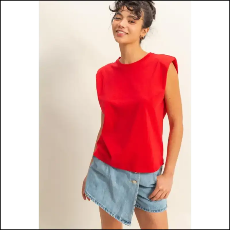 Bold & Chic Round Neck Shoulder Pad Top - Red / s - Tank Tops on Sale Worldwide Shipping