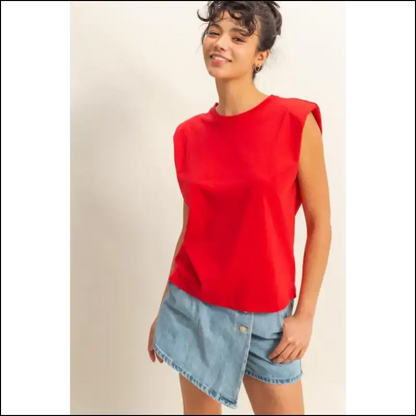 Bold & Chic Round Neck Shoulder Pad Top - Red / s - Tank Tops on Sale Worldwide Shipping
