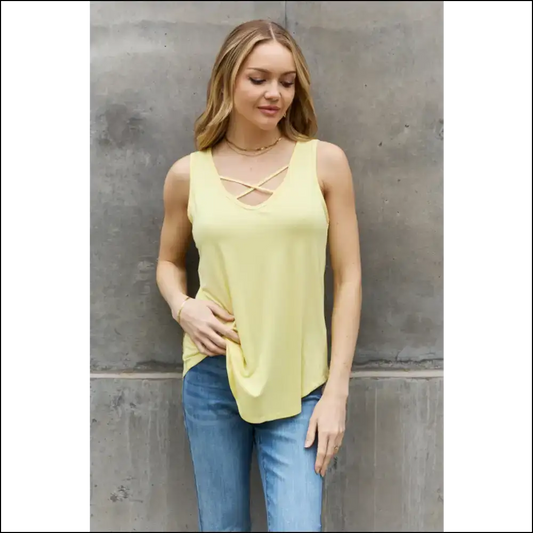 Bombom Criss Cross Front Detail Sleeveless Top - Butter Yellow - l - Tank Tops on Sale Worldwide Shipping