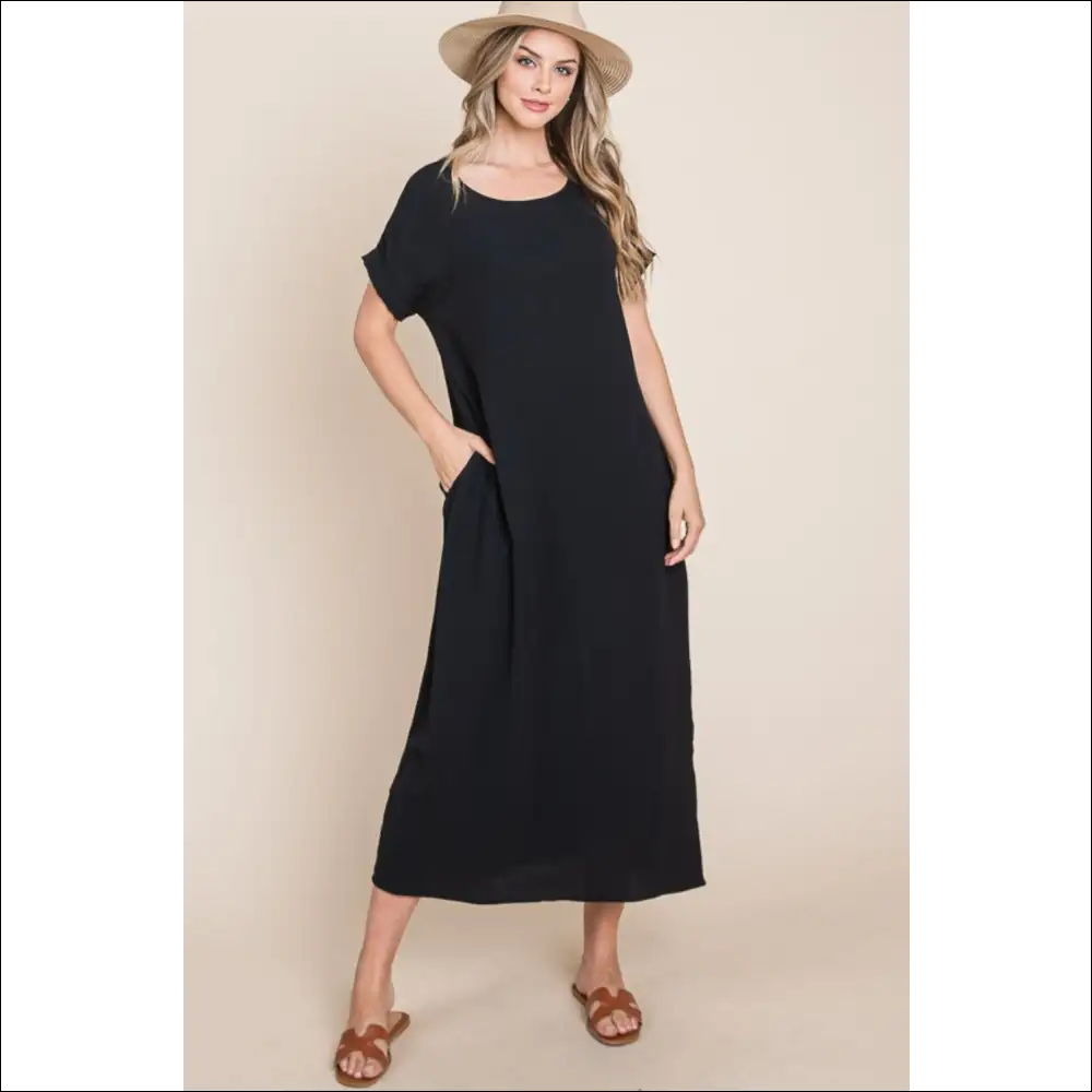Bombom Chic Round Neck Midi Dress with Pockets - Dresses on Sale Worldwide Shipping