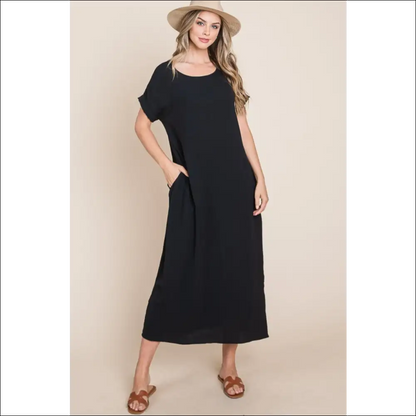 Bombom Chic Round Neck Midi Dress with Pockets - Dresses on Sale Worldwide Shipping