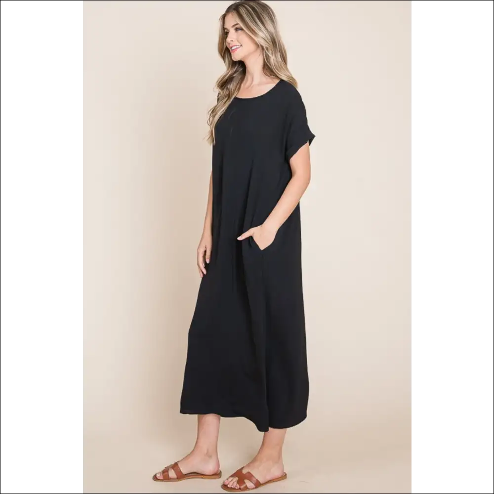 Bombom Chic Round Neck Midi Dress with Pockets - Dresses on Sale Worldwide Shipping