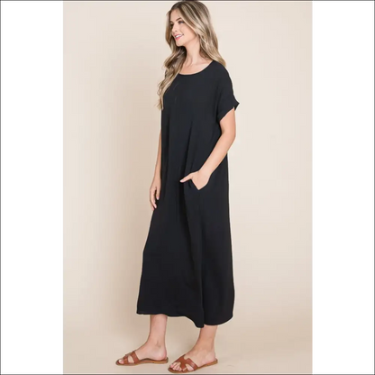 Bombom Chic Round Neck Midi Dress with Pockets - Dresses on Sale Worldwide Shipping