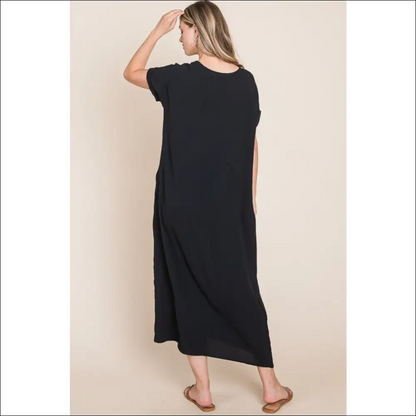 Bombom Chic Round Neck Midi Dress with Pockets - Dresses on Sale Worldwide Shipping