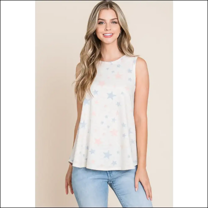 Bombom Star Print Round Neck Tank - Beige / s - Tops on Sale Worldwide Shipping