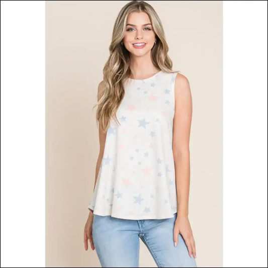 Bombom Star Print Round Neck Tank - Beige / s - Tops on Sale Worldwide Shipping