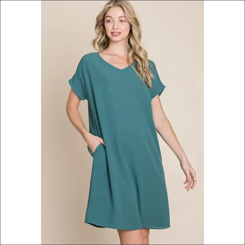 Bombom V-neck Short Sleeve Dress with Pockets - Teal / s - Dresses on Sale Worldwide Shipping