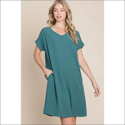 Bombom V-neck Short Sleeve Dress with Pockets - Teal / s - Dresses on Sale Worldwide Shipping