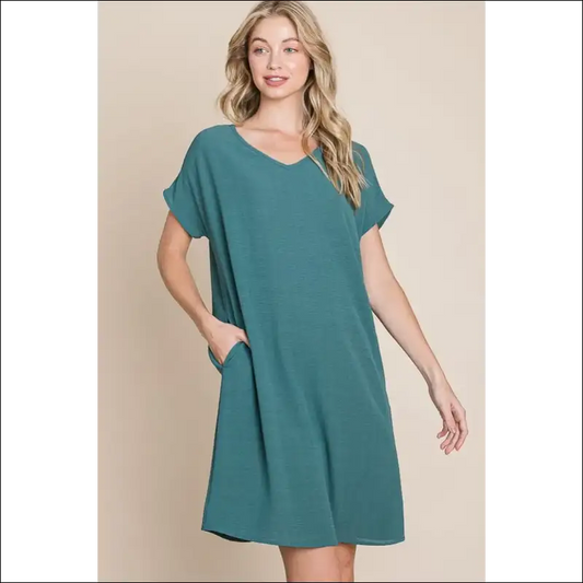 Bombom V-neck Short Sleeve Dress with Pockets - Teal / s - Dresses on Sale Worldwide Shipping