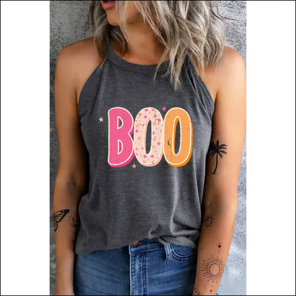 Boo-tiful Round Neck Sleeveless Graphic Tank Top - Grey / s - Tops on Sale Worldwide Shipping