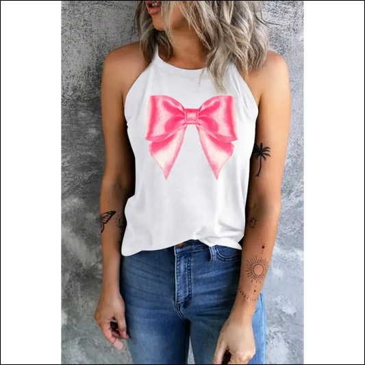 Bow Graphic Grecian Neck Tank - White / s - Tops on Sale Worldwide Shipping