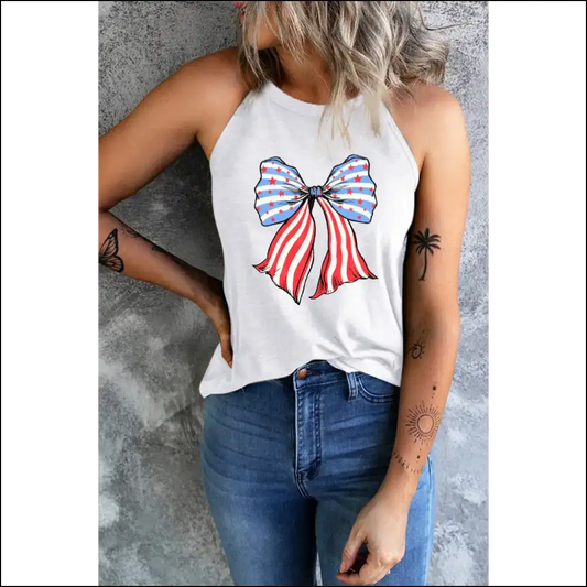 Bow Graphic Grecian Neck Tank - White / Xl - Tops on Sale Worldwide Shipping