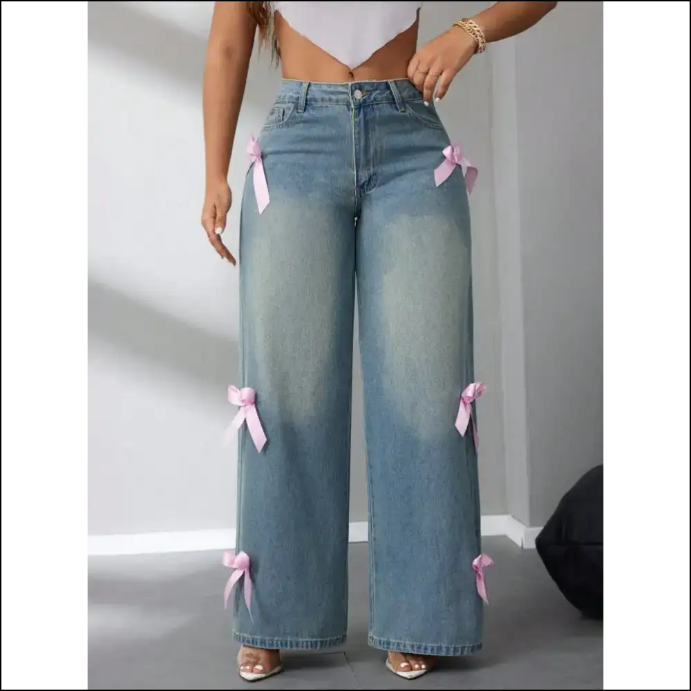 Bow High Rise Wide Leg Jeans: Because Comfort Never Looked so Posh! 🎉👖 - Jeans on Sale Worldwide Shipping