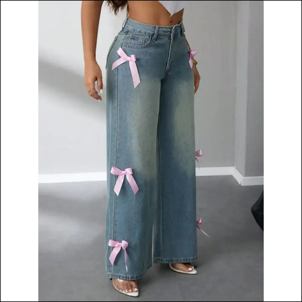 Bow High Rise Wide Leg Jeans: Because Comfort Never Looked so Posh! 🎉👖 - Jeans on Sale Worldwide Shipping