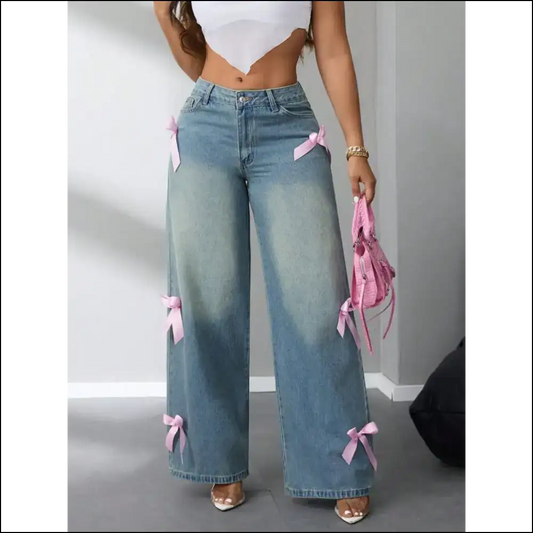 Bow High Rise Wide Leg Jeans: Because Comfort Never Looked so Posh! 🎉👖 - Ashleigh Blue / l - Jeans on Sale Worldwide Shipping