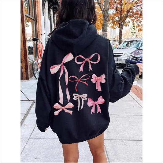Chic Bow Print Long Sleeve Hoodie - Black / s - Hoodies Sweatshirts & on Sale Worldwide Shipping