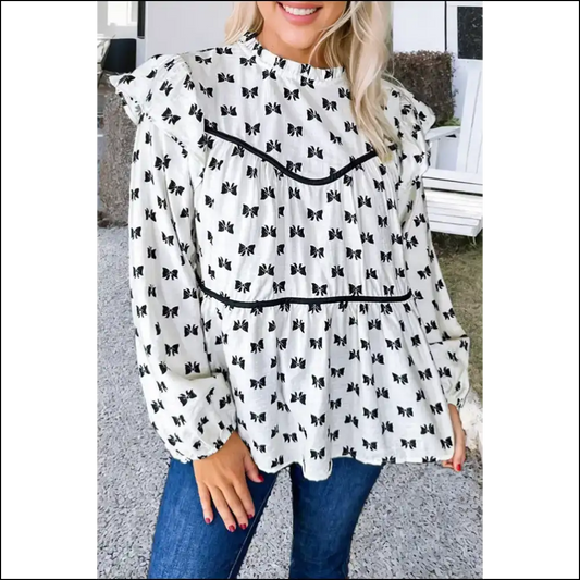 Bowknot Print Flowy Blouse: so Chic It’s Bow-tiful! 🎀 - White / s - Blouses on Sale Worldwide Shipping