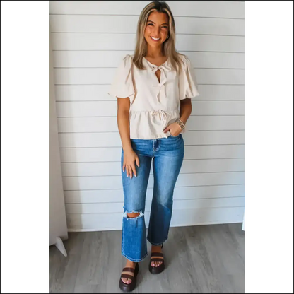 Bowknot Puff Sleeve Peplum Blouse: Prepare for Compliments - Blouses on Sale Worldwide Shipping