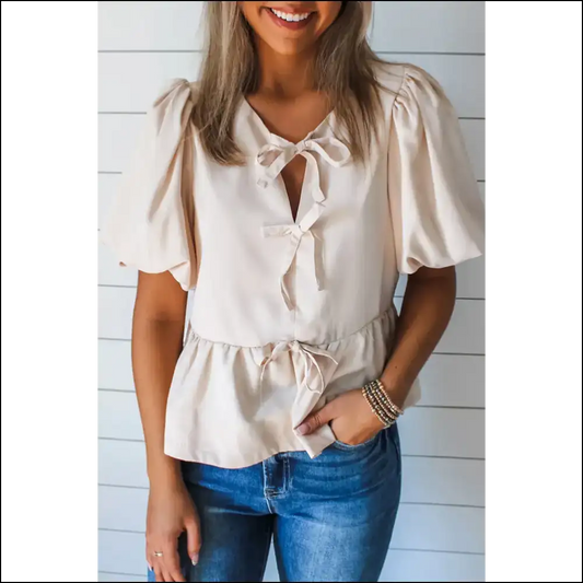 Bowknot Puff Sleeve Peplum Blouse: Prepare for Compliments - White / s - Blouses on Sale Worldwide Shipping