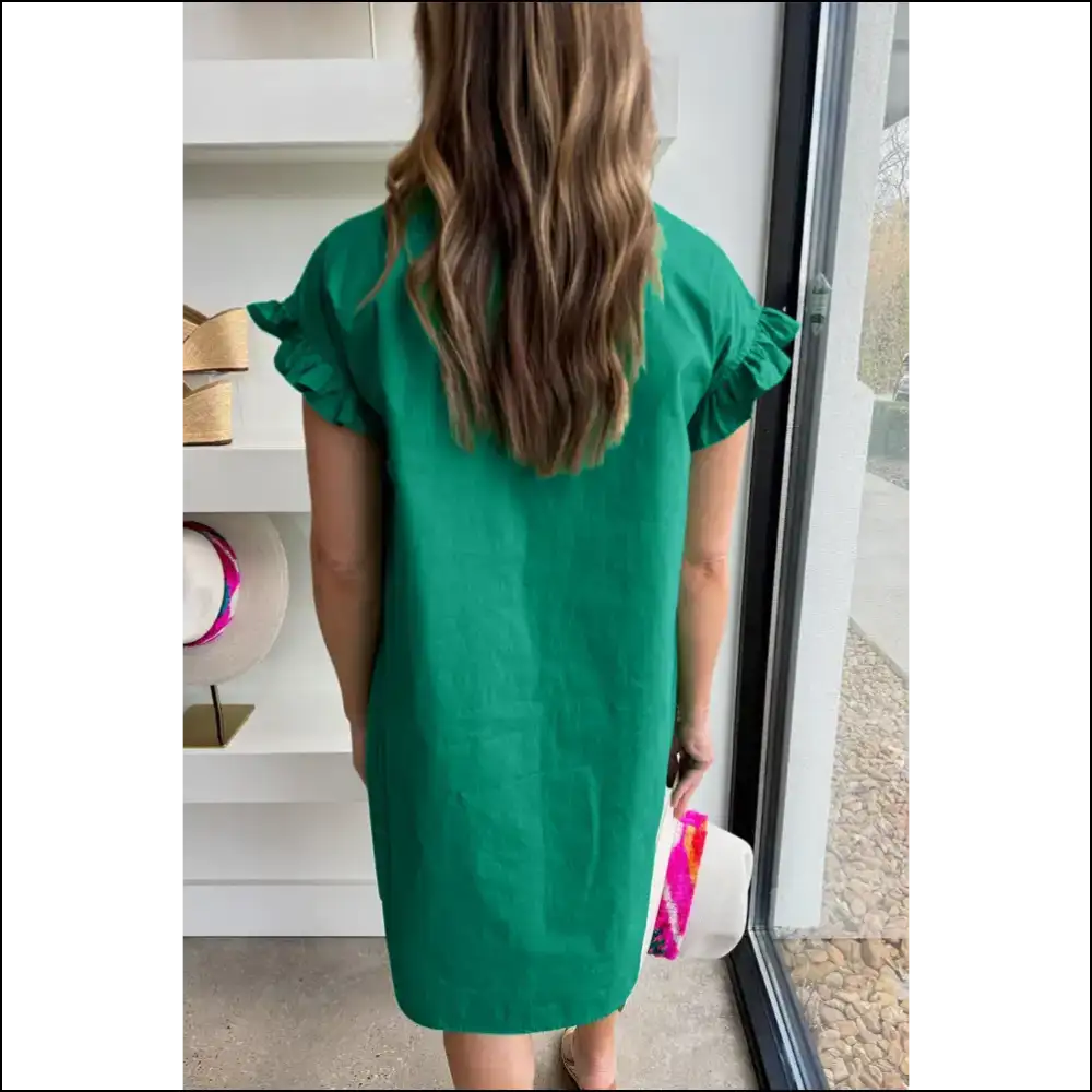 Bright Green Dress: Ruffle Sleeve Button Sassy! 💚 Needful Things - Short Dresses on Sale Worldwide Shipping
