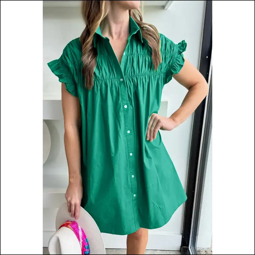 Bright Green Dress: Ruffle Sleeve Button Sassy! 💚 Needful Things - Short Dresses on Sale Worldwide Shipping