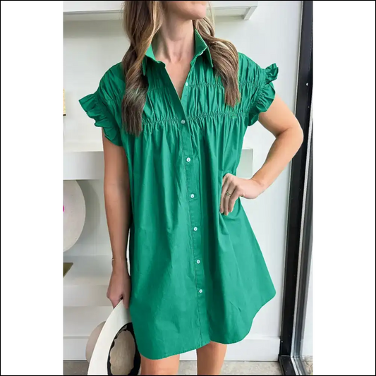 Bright Green Dress: Ruffle Sleeve Button Sassy! 💚 Needful Things - s - Short Dresses on Sale Worldwide Shipping
