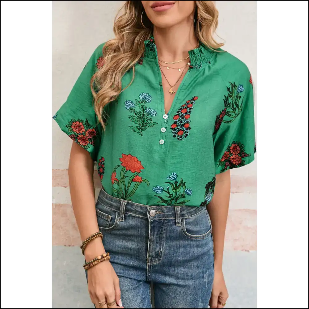 Bright Green Floral Boho Blouse Goddess Vibes - s - Blouses on Sale Worldwide Shipping