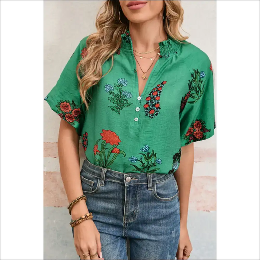Bright Green Floral Boho Blouse Goddess Vibes - s - Blouses on Sale Worldwide Shipping